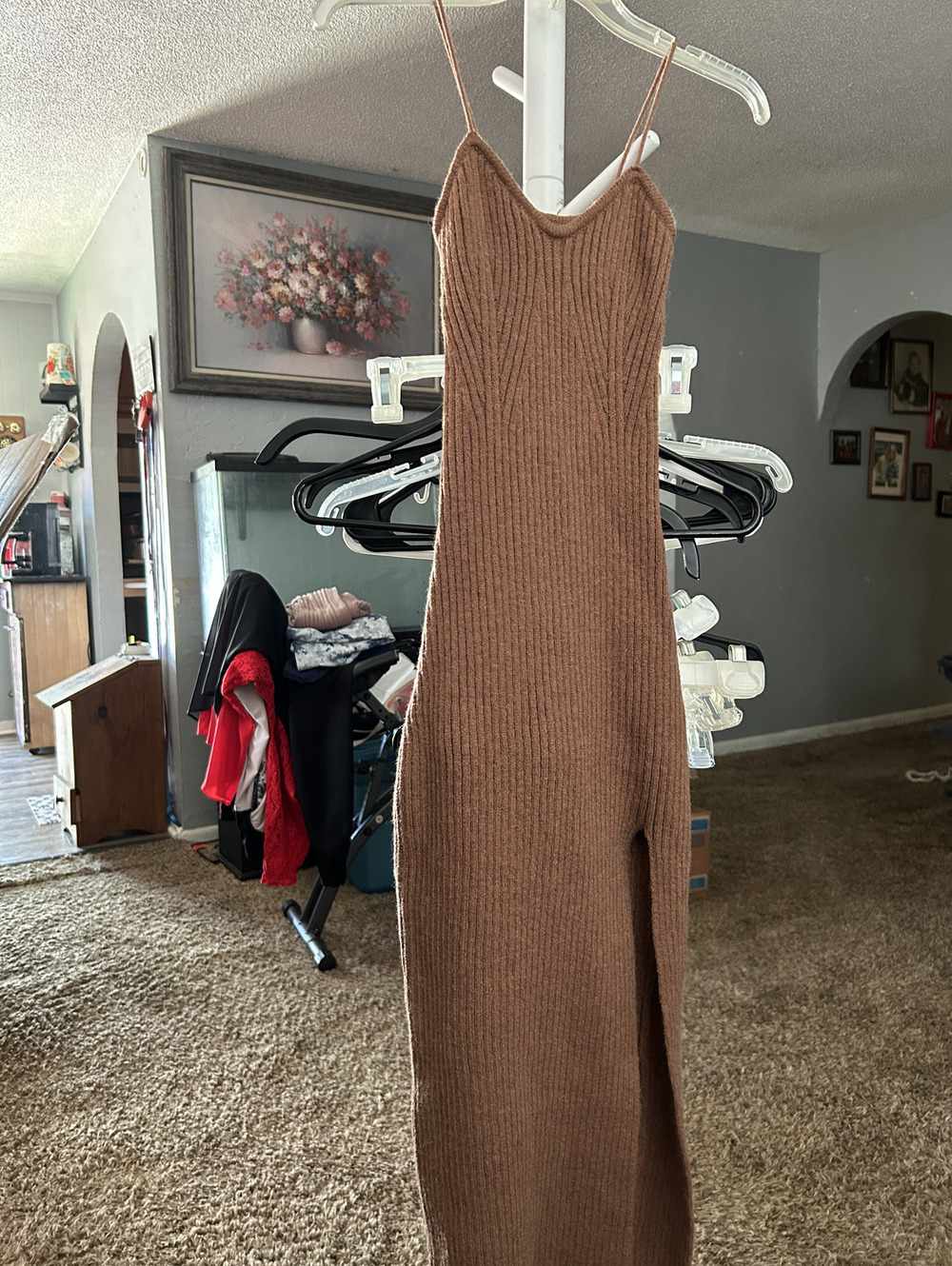 Brown Ribbed Knit Spaghetti Strap Midi Dress with Side Slit